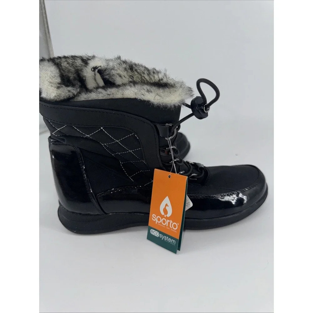 Women's SPORTO Snow Boots Black Iceland Fur Quilted Sz 9 Patent Accents